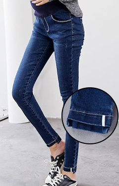 กางเกงยีนส์คนท้องขายาวปลายขาด้านหน้าสั้น